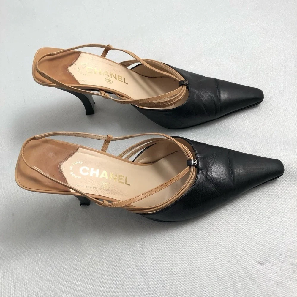 Chanel black and tan leather strappy slingback heel shoes